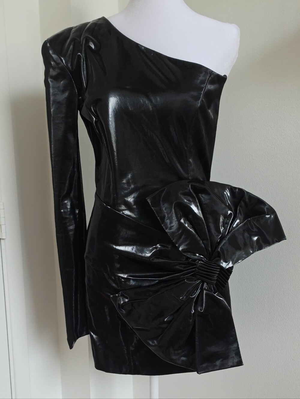 Faith Connexion One-Shoulder Glossy Mini Dress with Statement Bow SMALL